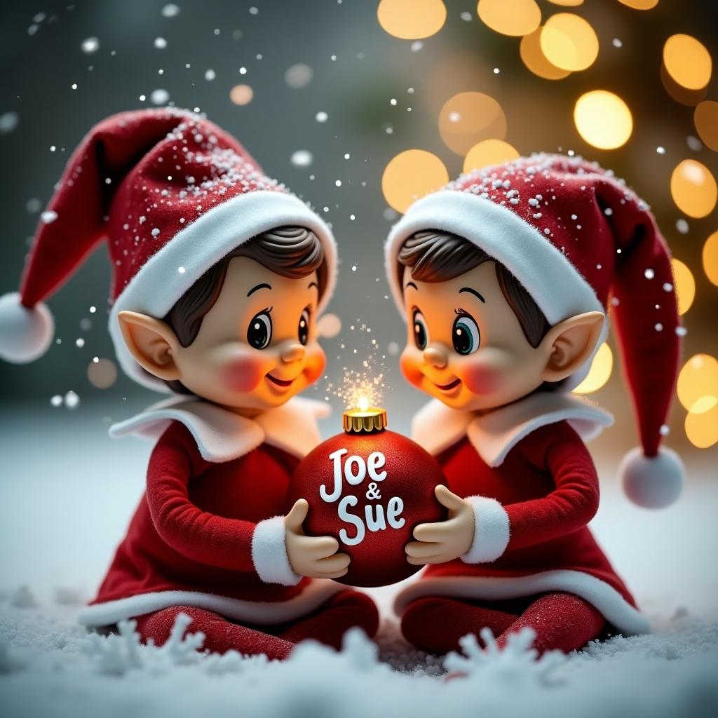 The image features two cheerful elves celebrating Christmas in a snowy setting. They are intimately engaged in holding a festive bauble with the name 'Joe & Sue' written on it. The background is filled with softly glowing lights that create a warm and inviting atmosphere. Both elves are dressed in traditional red and white outfits, showcasing a sense of holiday cheer. Snowflakes are gently falling around them, enhancing the magical feel of the scene. This image captures the essence of holiday joy and the spirit of giving, perfect for seasonal celebrations.