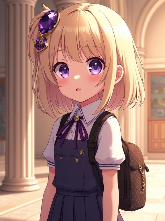 Anime character depiction of a young girl in a futuristic royal palace lobby. 7-year-old with light blonde hair and amethyst purple eyes. Wearing a cute aquamarine uniform with a Louis Vuitton backpack. Elegant visuals featuring amethyst diamond jewelry. Morning setting with modern architecture.