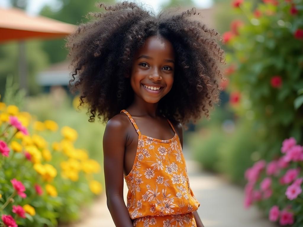 A young girl with a bright smile stands amidst a vibrant garden, her hair beautifully styled in natural curls. She's wearing a colorful, floral-patterned dress that complements the blooming flowers around her. The background is softly blurred, enhancing the focus on her cheerful face and lively surroundings.