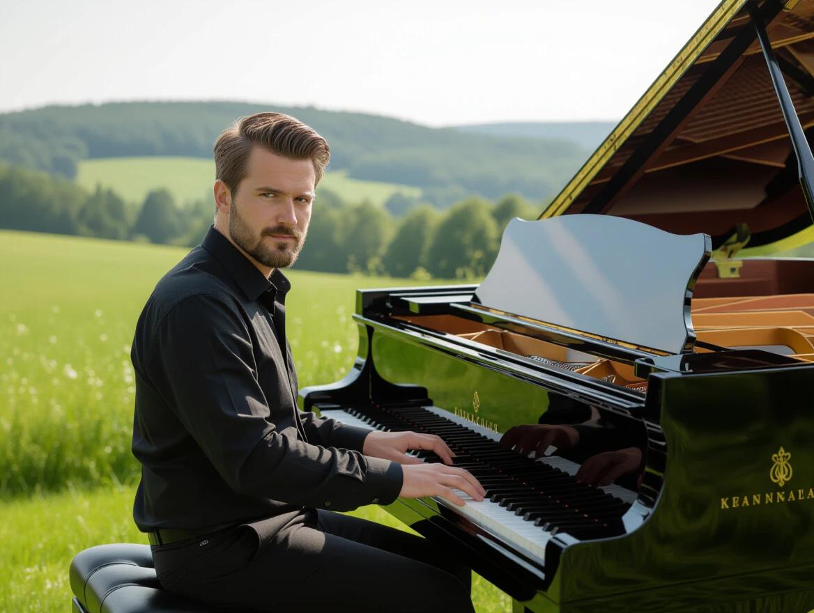 Man plays a grand piano in a beautiful green landscape. Pianist wears a black shirt. Scene is peaceful and poetic. Light is warm and inviting. Field and hills stretch into the background.