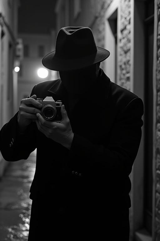 High-contrast black and white photo set at night in Venice. Large man with strong build and aged hands holding a vintage 1960s film camera. Wearing a classic fedora hat. Background features shadowy alley with reflections on wet stone. Dramatic lighting emphasizes silhouette.