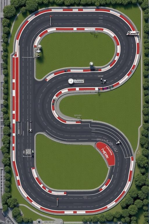 Layout shows track features. Three main straights with various lengths. Designed for anti-clockwise racing. Total of 18 corners. Emphasis on straights and curves. Suitable for competitive events.