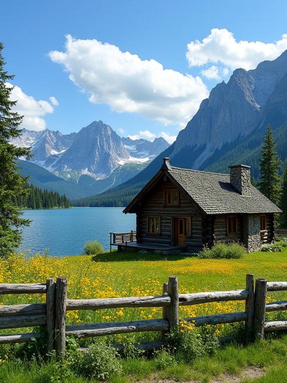 Image shows a log cabin beside a blue lake. Mountains are in the background with snow at the peaks. The foreground has colorful flowers and a wooden fence. The scene is bright and sunny.