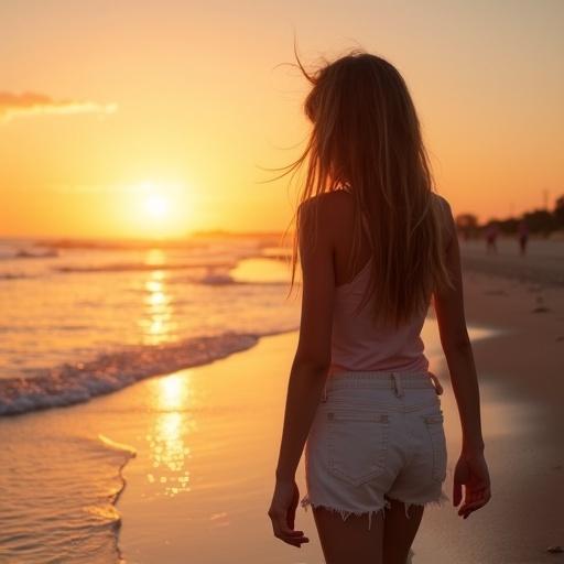 Teen girl in shorts walks by the ocean. Beautiful sunset on the horizon. Soft waves lapping at the shore. Warm colors fill the sky. Beach scenery captures tranquility.