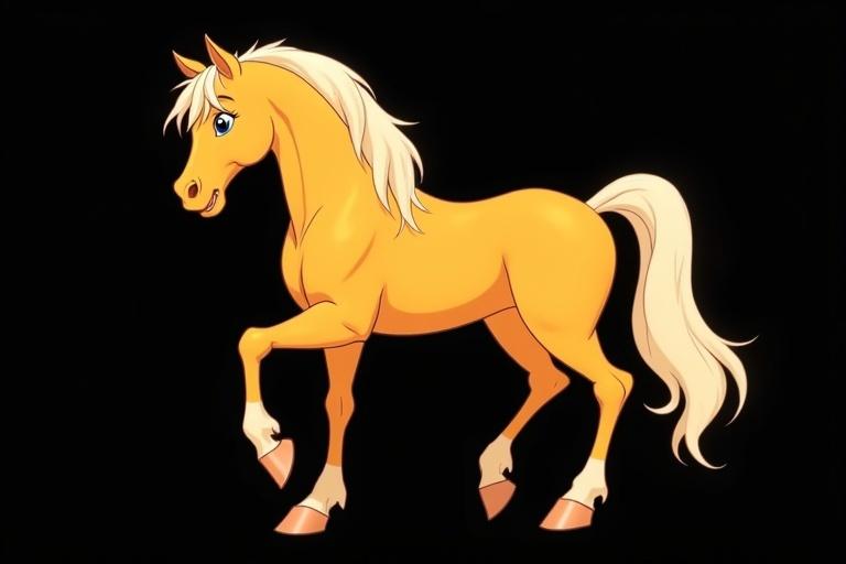 Palomino horse with golden-yellow coat and white mane. Dynamic pose against black background in cartoon style. Appears friendly and animated.