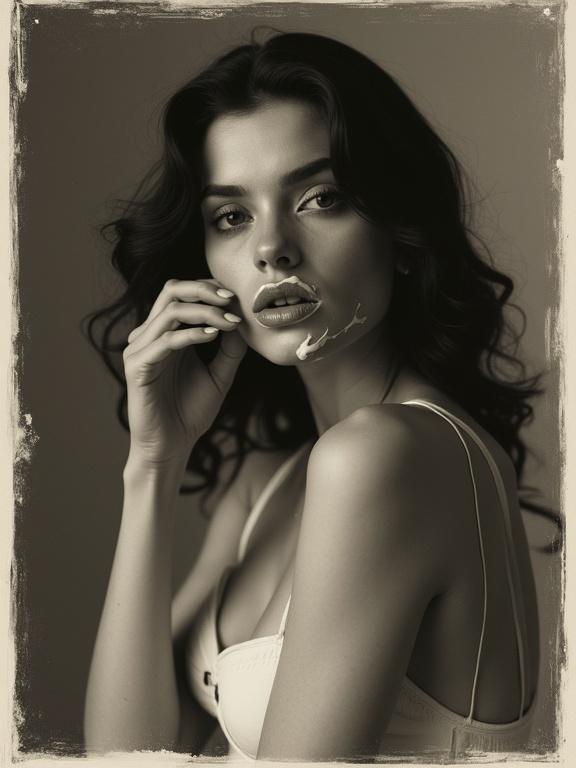 A vintage black and white photograph featuring a beautiful model with yogurt splashed lips. The model poses artistically wearing a bra. The image showcases high contrast with a textured vintage frame. The lighting is diffused and the shot is taken from a low angle using a Hasselblad camera with a Voigtländer lens.