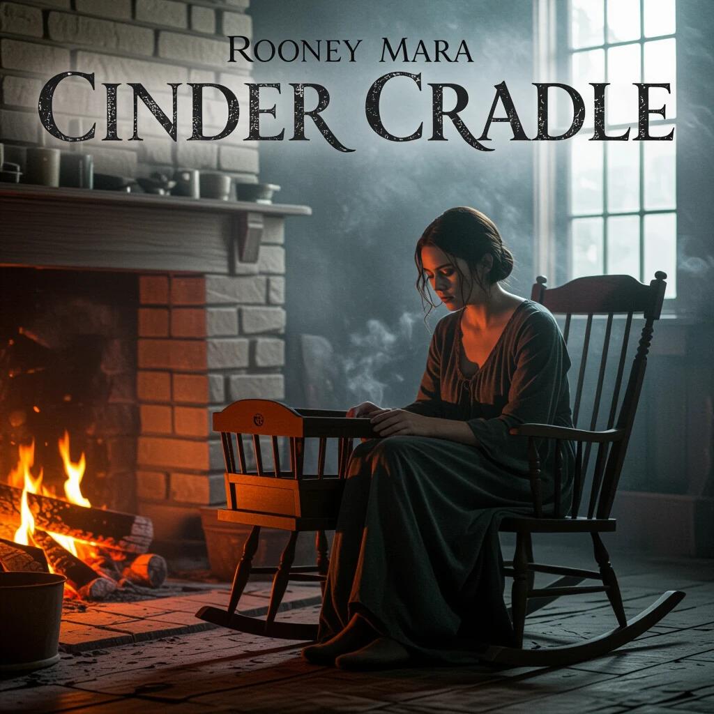 CINDER CRADLE movie poster featuring title engraved on wood. Rooney Mara sits in a soot-covered nightgown rocking a cradle by the fireplace. Soft orange light illuminates the scene with drifting ash for a haunted feel. High-resolution grainy quality.