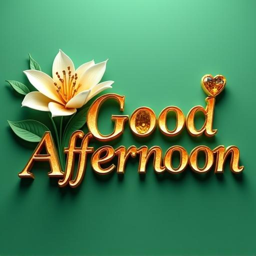 3D render of Good Afternoon logo. Elegant lily motif on the left. Heart-shaped citrine gemstone on the right. Luxurious metallic citrine typography. Green backdrop enhances details and craftsmanship.