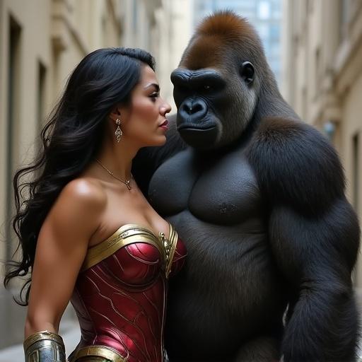 Wonder Woman character stands face to face with an imposing gorilla. Setting is an urban alleyway that suggests an intense encounter.
