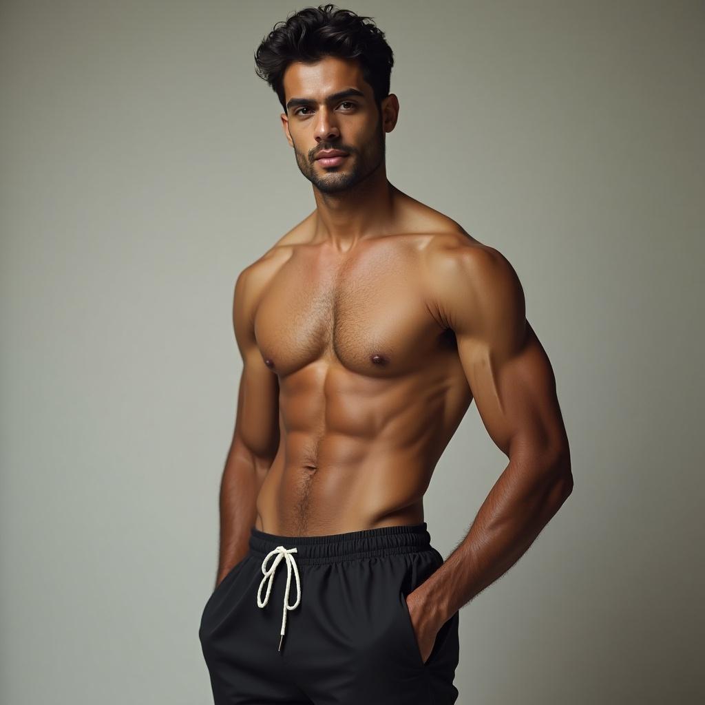 Realistic image of a medium slender Indian man with fair to medium complexion and youthful charm. The man has an athletic build showcasing defined muscles. He is wearing black shorts and has a confident posture.