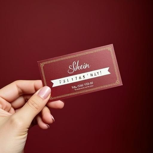Close-up of woman's hand holding coupon. The coupon displays Shein logo and states 15% off. Dark red background with gold and white accents.