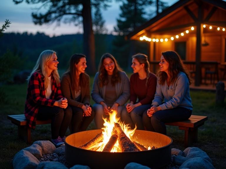 Photograph of a warm outdoor scene at night with a fire pit. Black metal fire pit contains burning logs and produces a golden glow. Surrounded by gray stones. Three women sit on benches around it, smiling. The blonde woman wears a red and black flannel shirt. An auburn woman on the right wears a blue shirt. The woman in the middle has brown hair and wears wool. Background shows a wooden structure with string lights. The sky is blue at dusk with stars visible. Setting is in a forest with trees.
