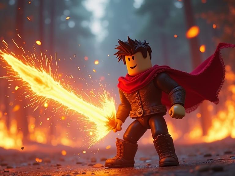Thumbnail design for a Roblox ARPG game featuring a character with a fiery sword in a battle stance. The background shows dramatic fiery sparks and a forest setting. Bright colors enhance the action and excitement.