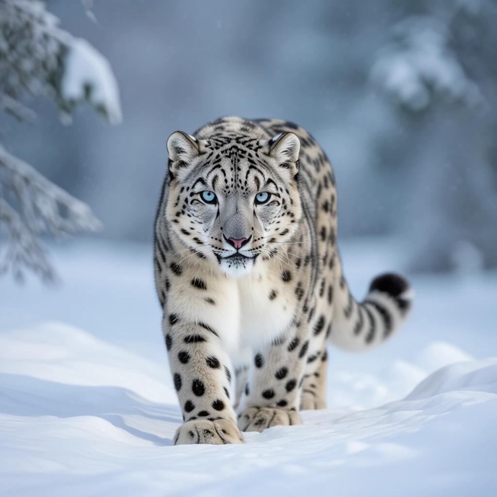 Snow leopard walks through snowy forest. Realistic style with cinematic quality. Focus on the cat's striking blue eyes and fur pattern.