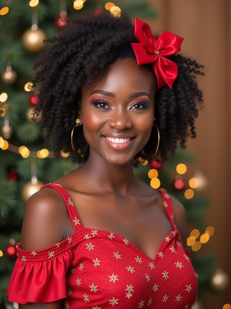 Woman wears red dress with gold stars. She has a red bow in her hair. Background has Christmas tree with lights. Warm lighting creates a festive atmosphere.