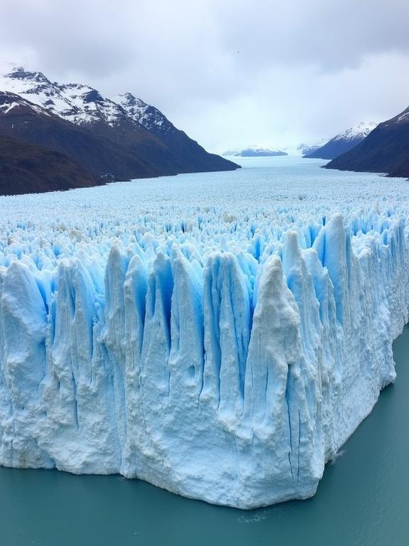 Aerial view of Glaciar Perito Moreno showcasing bright blue ice formations against a backdrop of mountains. The scene captures the grandeur of the glacier and surrounding landscape.