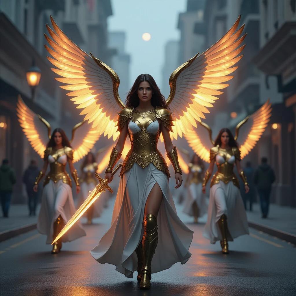 Ultra-realistic vertical image of celestial warrior angels. Angels wear golden armor and have glowing wings. They carry flaming swords. Urban setting at dawn with soft fog. Atmosphere of reverence and courage. High detail on armor and expressions. Epic style with cinematic lighting.