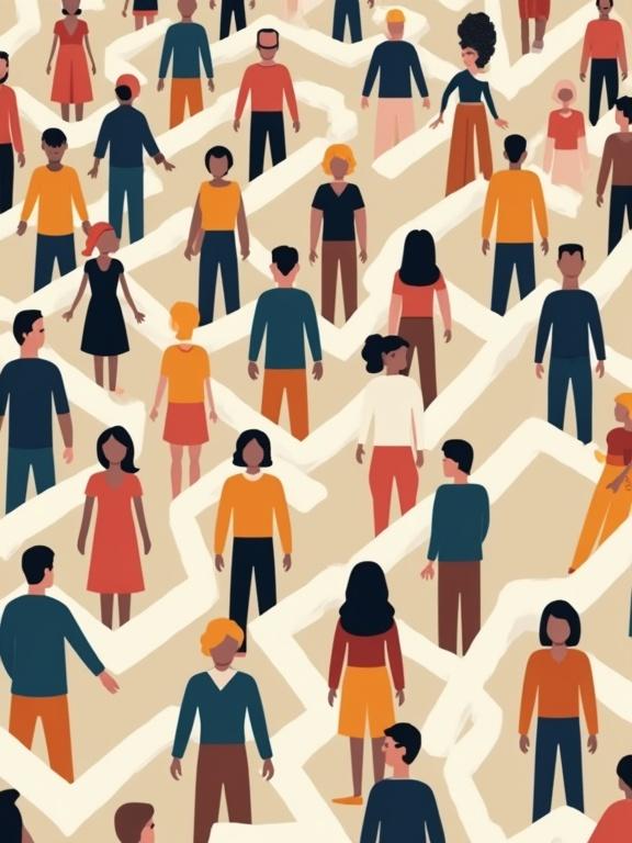 Minimalist flat vector illustration of diverse faceless human characters in a maze. Characters have exaggerated silhouettes and simplified clothing. Neutral and muted colors are used in the design. No hyperrealism is present, emphasizing playful postures and clean shapes.