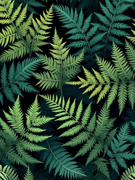 Seamless pattern featuring various fern fronds. Detailed fronds show visible leaf structure. Colors range from light lime green to deep teal green. Dark background contrasts with the greenery. Fronds appear lush and full, creating depth and realism. Even perspective provides a close-up view of a dense fern patch. Lighting is from an indeterminate source, enhancing color and shadow variations. Style is botanical with a naturalistic touch.