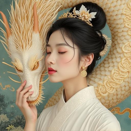 Beautiful Asian young woman clad in traditional pure white attire as a princess befriending a dragon spirit. Elegant details, soft colors, magical interaction between human and dragon.