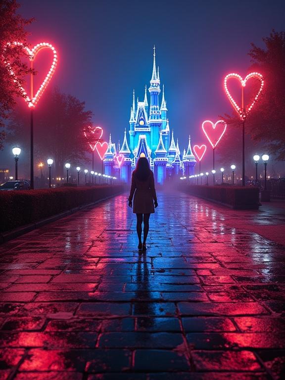 An illuminated Disney castle at night. Vibrant neon lights create an enchanting atmosphere. The scene is reflected on wet pavement. Heart-shaped lights frame the pathway. A person stands in the foreground, gazing at the castle.