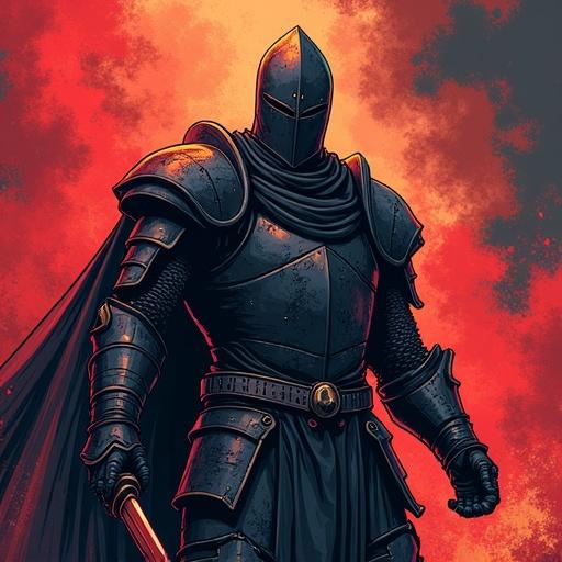 A full body angled comic book style illustration of a medieval knight. The knight is in armor with a cape, surrounded by evil black god rays and crimson smoke. Shadows and highlights are depicted using comic Ben-Day dots.