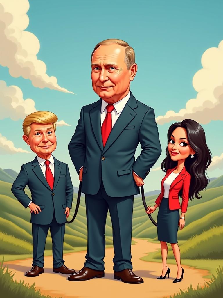 Artwork with political figures in a playful style. Center figure is Putin with a leash. Connected to leash are Trump, Musk, Gabbard as caricatures. Background is sunny with hills. Light-hearted theme with humor about power dynamics in politics.