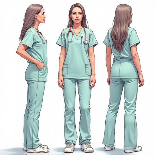 Comic concept art featuring a nurse. Different angles and poses are displayed. The nurse is wearing scrubs. Character shown side, front, and back views.