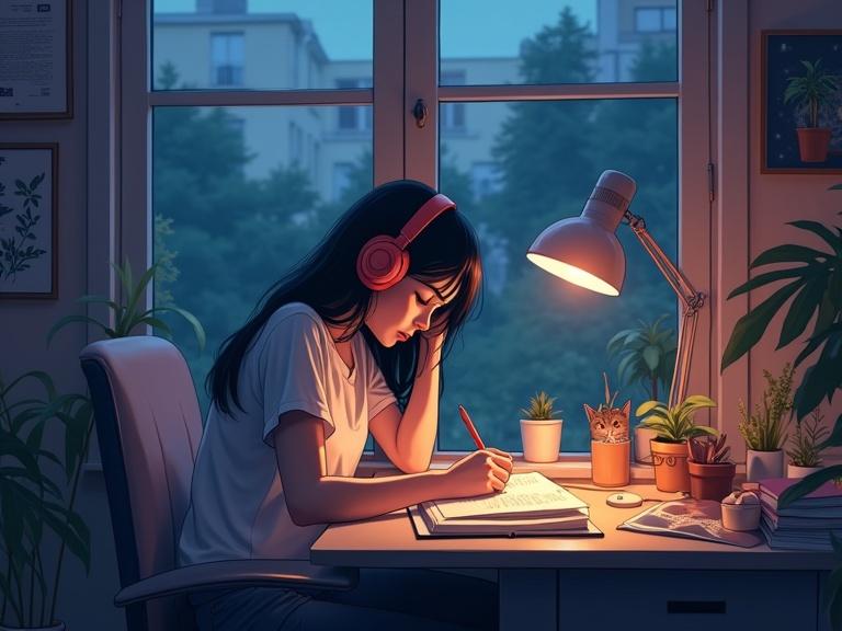 A female person is focused on work at a desk with headphones. She writes in a notebook. A cat is curled up nearby. The desk has plants and calming decor. There is warm light from a desk lamp. A window shows a quiet outside scene. The style is lo-fi anime art with a soft texture and a calm mood.