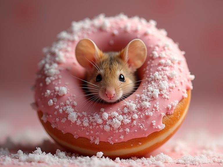 A cute mouse is peeking out from a frosted doughnut. The doughnut has pink frosting and is sprinkled with white sugar. The focus is on the mouse's face.