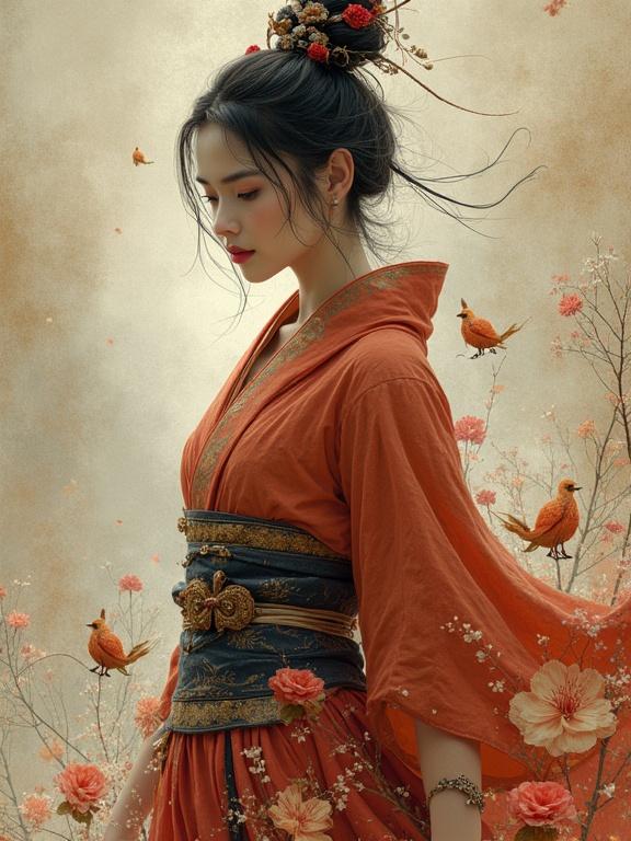 A Japanese warrior in elegant, flowing attire. Beautiful princess with cloth clothing surrounded by nature. Orange hues with floral design and soft lighting. Side profile of the character.