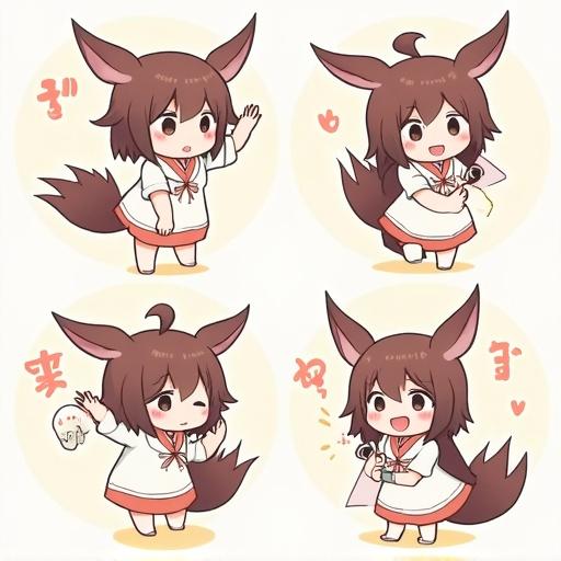 Anime-style character with playful poses. Character in a light color scheme with big ears and a cute outfit. Creating a friendly and cute visual story. Expressions reflect joy and playfulness.
