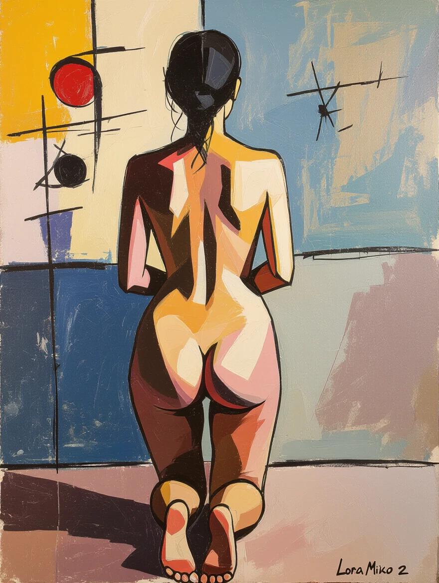 Nude model posed on knees seen from behind. Abstract shapes and bold colors fill the background. Artistic composition with splashes and splatters of paint.