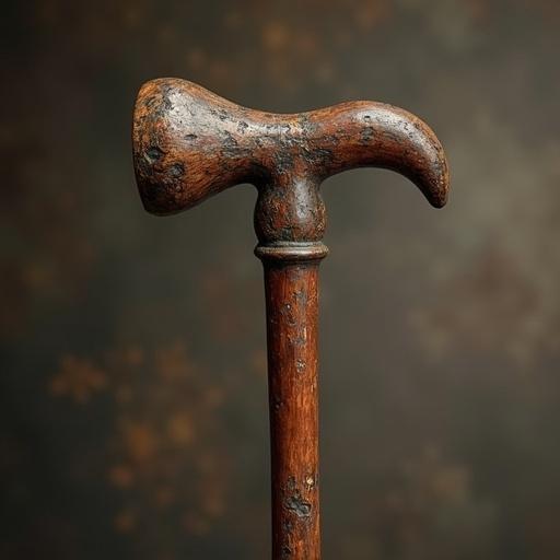 A close-up of an ornate wooden cane. The cane features a distinct, stylish handle and a textured surface. The background has a warm, blurred effect, creating a vintage atmosphere.