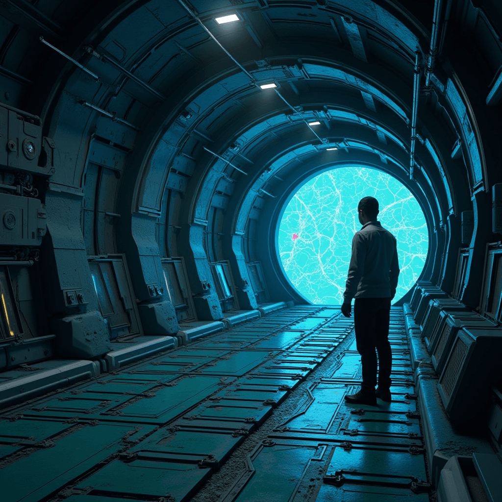 A person stands in a futuristic tunnel, gazing at a glowing blue map displayed on a large circular screen.