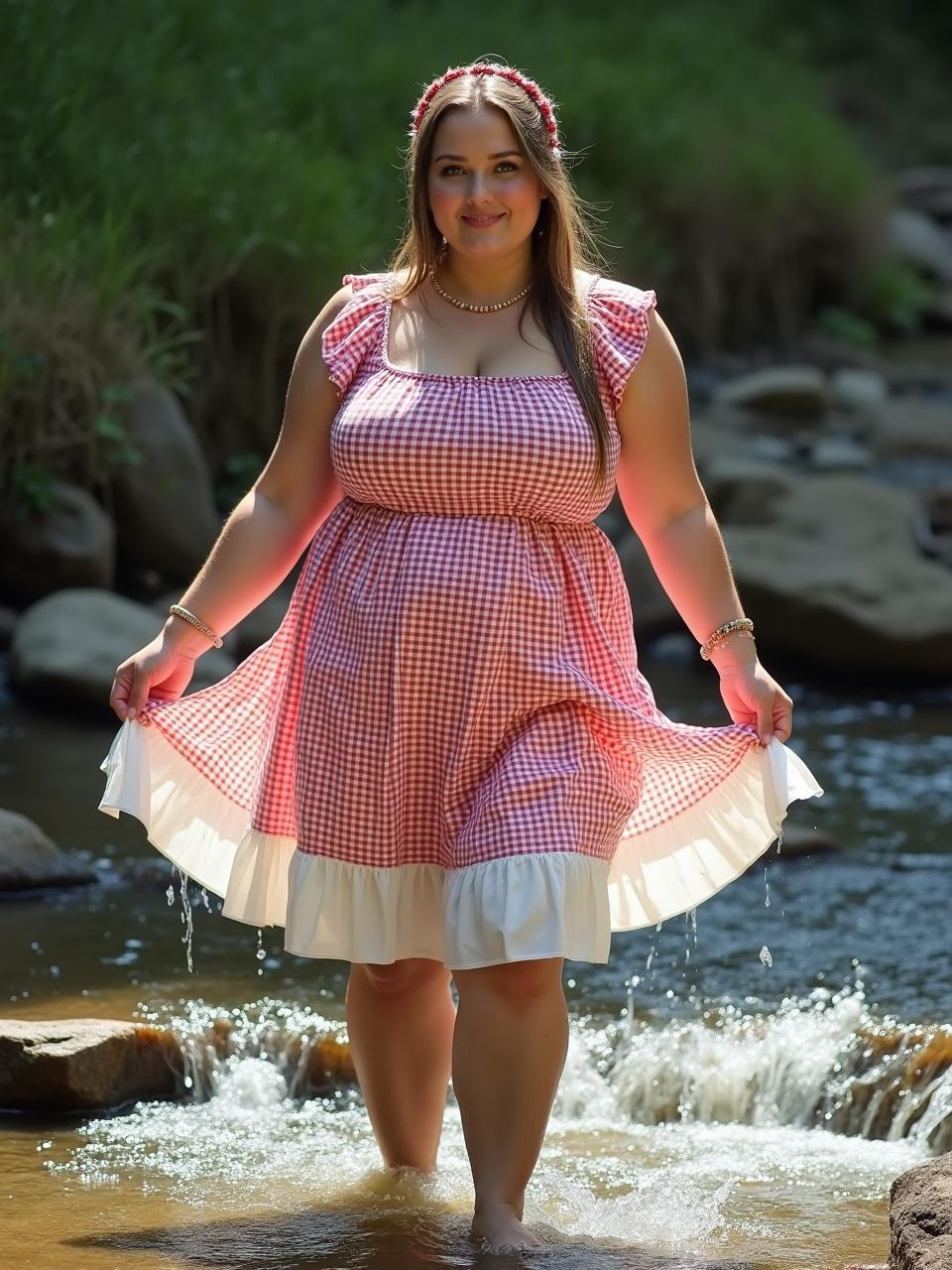 A woman in a red and white checkered dress stands joyfully in a shallow stream, surrounded by a lush, green natural setting. The sunlight filters through, giving a warm glow to the scene and creating a serene, picturesque atmosphere.