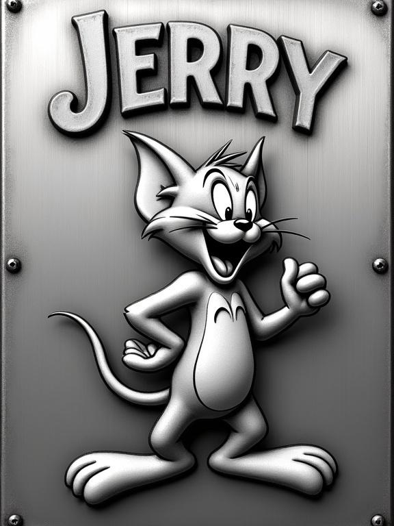 A high-relief engraving on a polished steel plate shows Jerry from Tom and Jerry. He stands confidently with a mischievous grin and finely etched fur textures in a dynamic pose. The title "JERRY" is above him in bold lettering. The background features a brushed steel texture.