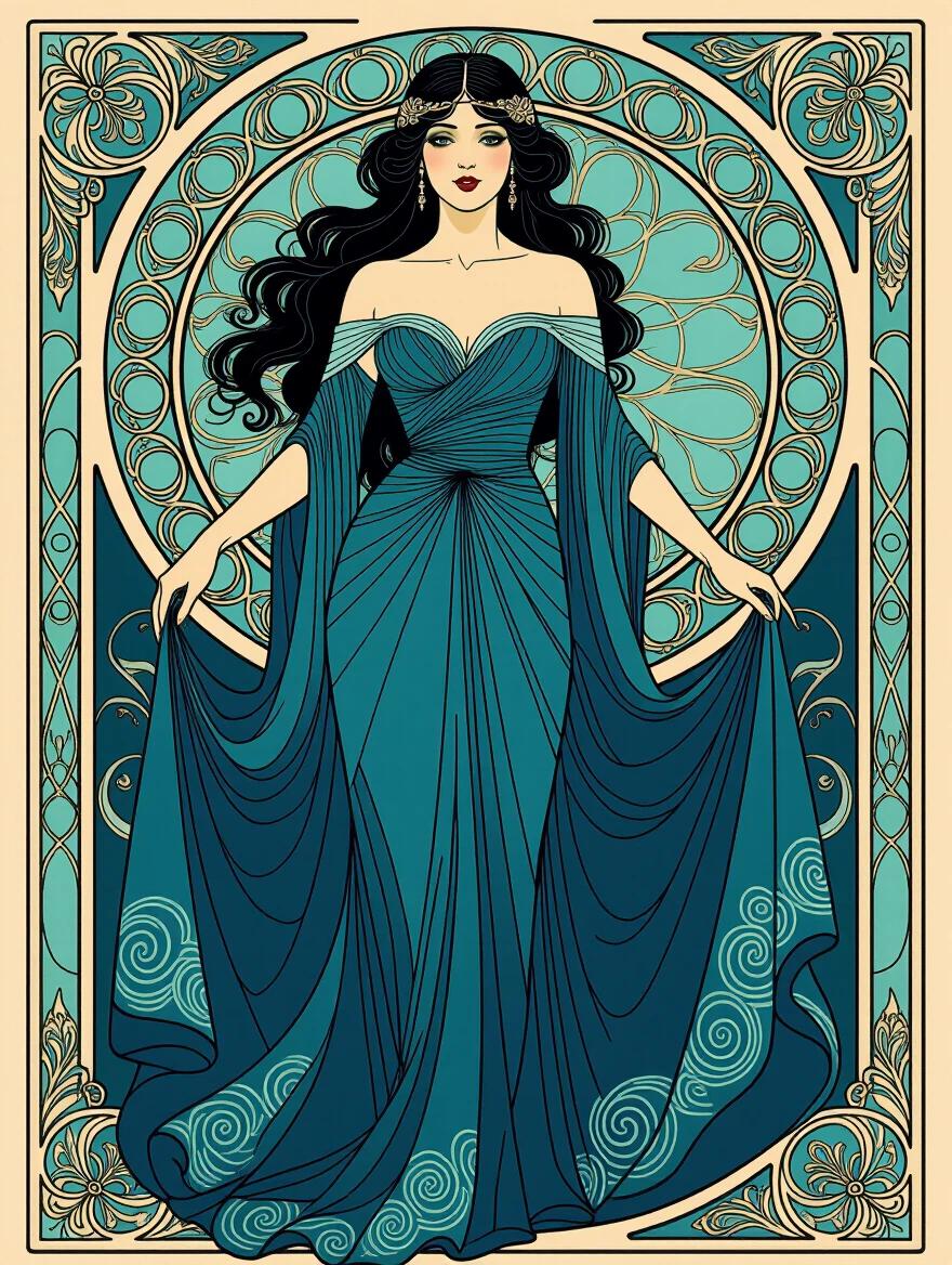 A beautiful woman with black hair wears an ornate cerulean gown. The illustration features intricate patterns and an art nouveau style. The background is a soft, calming color. The overall tone is dark and mysterious.