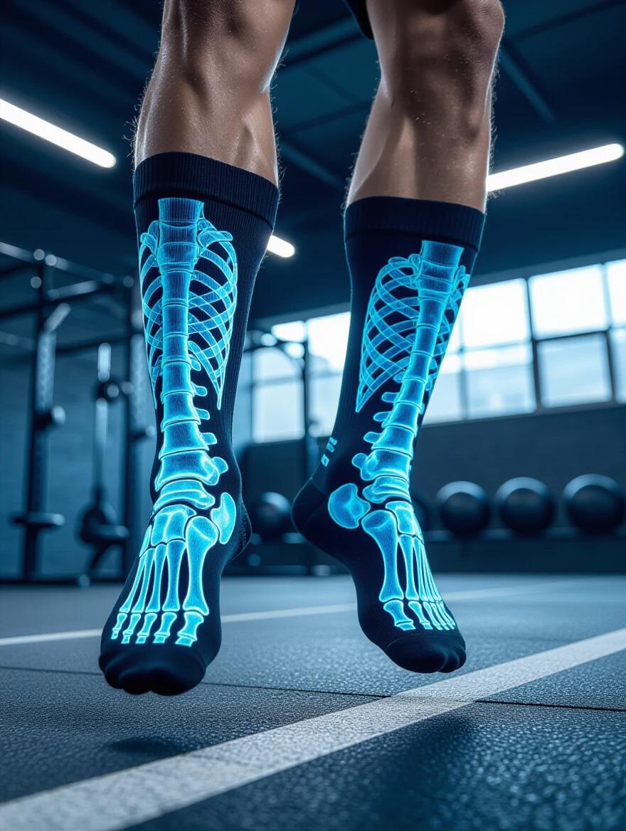 Crew socks designed with realistic X-ray patterns during training. Skelton illustration in white and pale blue on black fabric. Detail of foot bones and ankle structures visible. Compression zones integrated into design. Athlete jumps during rigorous workout session. Modern gym environment with polished floor. Dramatic professional lighting exposes bone details. Optical illusion suggests transparency. Low-angle shot showcasing athleticism and medical artistry.