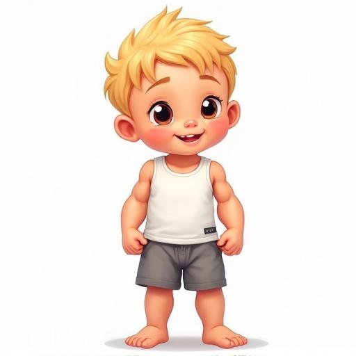 Create a cartoon character of a muscular 5-year-old boy. Blonde hair. Wearing a white sleeveless shirt. Gray shorts. Standing full body. Casual pose. Smile and confident expression.