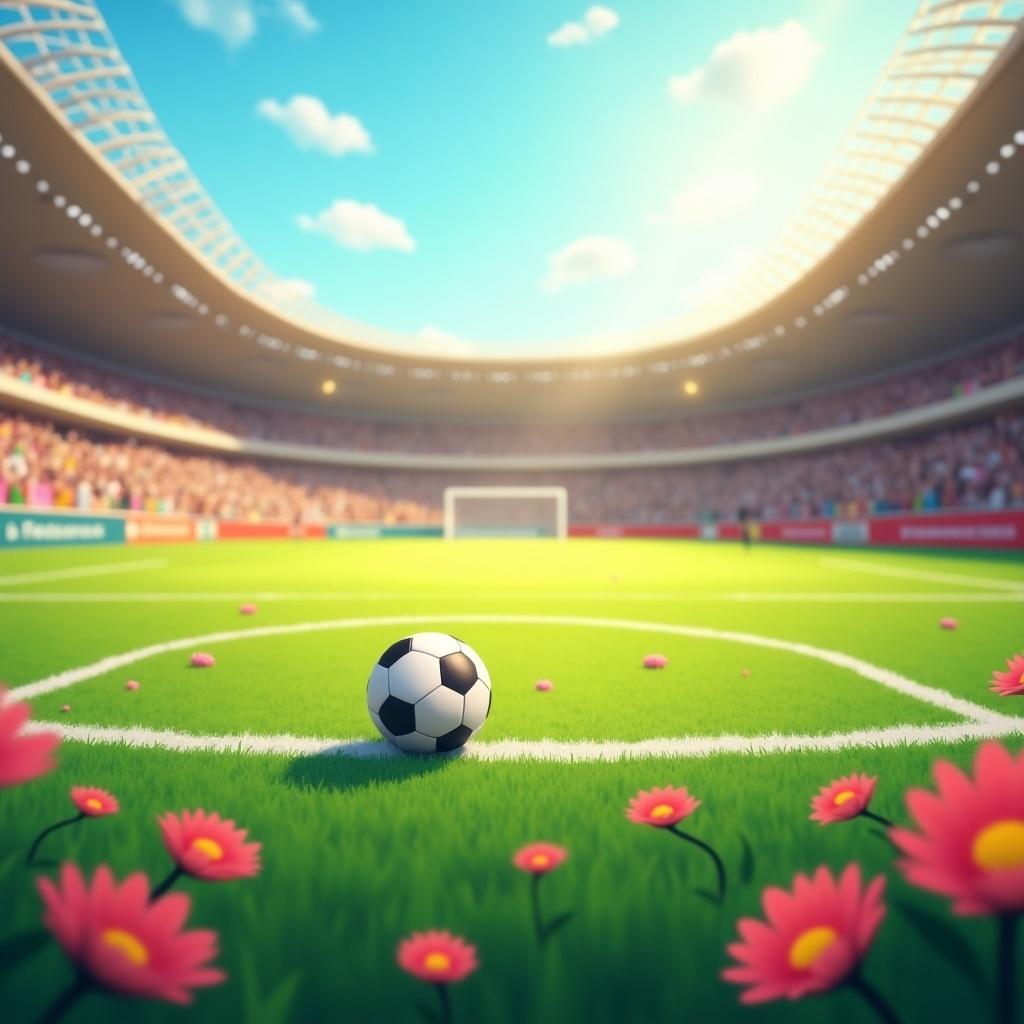 Vibrant green soccer field. Lively stadium with spectators. Bright sunlight creates cheerful ambiance. Colorful, engaging animation style appealing to families. Add flowers and hearts. Small soccer ball in foreground.