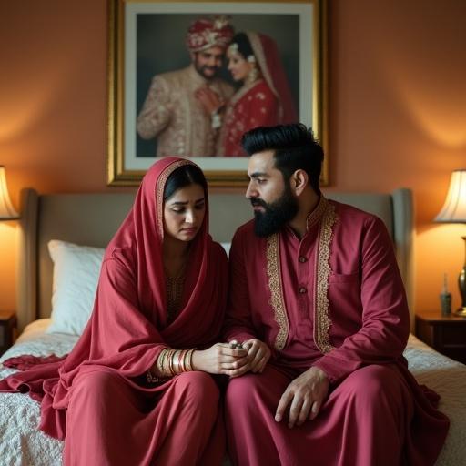 Wealthy Pakistani couple in a luxurious bedroom. Wife appears sad holding a tasbih wearing a simple shalwar kameez. Husband comforts her wearing plain shalwar kameez. Behind hangs a wedding photo of them smiling in traditional festive attire. Emotional contrast between current struggle and joyful memory.