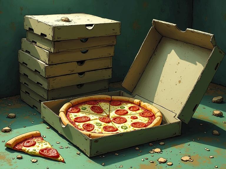 Stacks of old, moldy pizza boxes in a messy environment. An opened box reveals a pizza with tomato slices and green pizza sauce. The pizza slice is separate. The style is cel-shaded, painterly, and resembles 3D anime.