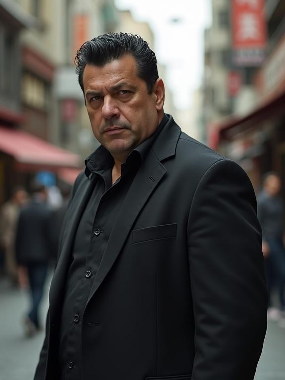 Photorealistic image of a large man with tan skin and greased black hair. He wears smart clothing and has a square face. The man stares menacingly into the camera. He stands in a busy Turkish street. The angle is from a distance and low.