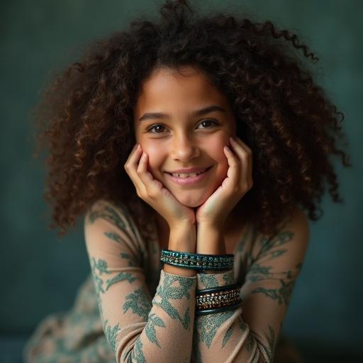 A girl smiles while leaning down. She wears a large dark silver bangle on her wrist. The background features dark aquamarine tones. The composition reflects harmony with nature and precision in details. The style draws from Cinquecento and normcore influences, reminiscent of the Quito school and hurufiyya.