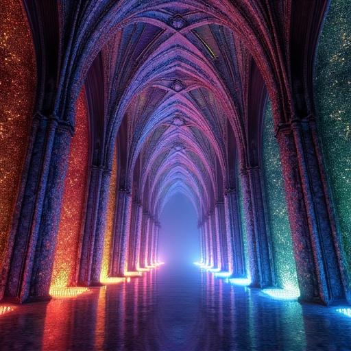 A soaring hall designed like a cathedral with fractal arches. Arches made of LED lights in rainbow colors. Glossy black floor reflects the lights.