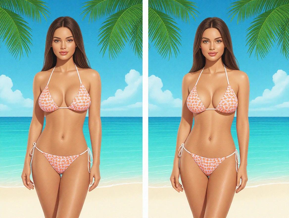 Realistic full body model in a micro bikini. Model has large breasts and straight brown hair. Body measurements are 110-80-101. Setting is a beach with palm trees and blue sea.