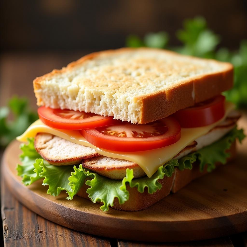 This image features a slice of homemade toast sandwich filled with layered ingredients. The sandwich includes delicious sliced chicken and creamy white cheese nestled between fresh iceberg lettuce and vibrant red tomatoes. The golden-brown bread creates a beautiful contrast against the greenery and red of the vegetables. The setting is rustic, enhancing the fresh and wholesome feel of the meal. The warm lighting adds a touch of comfort, making it appealing for any food enthusiast.