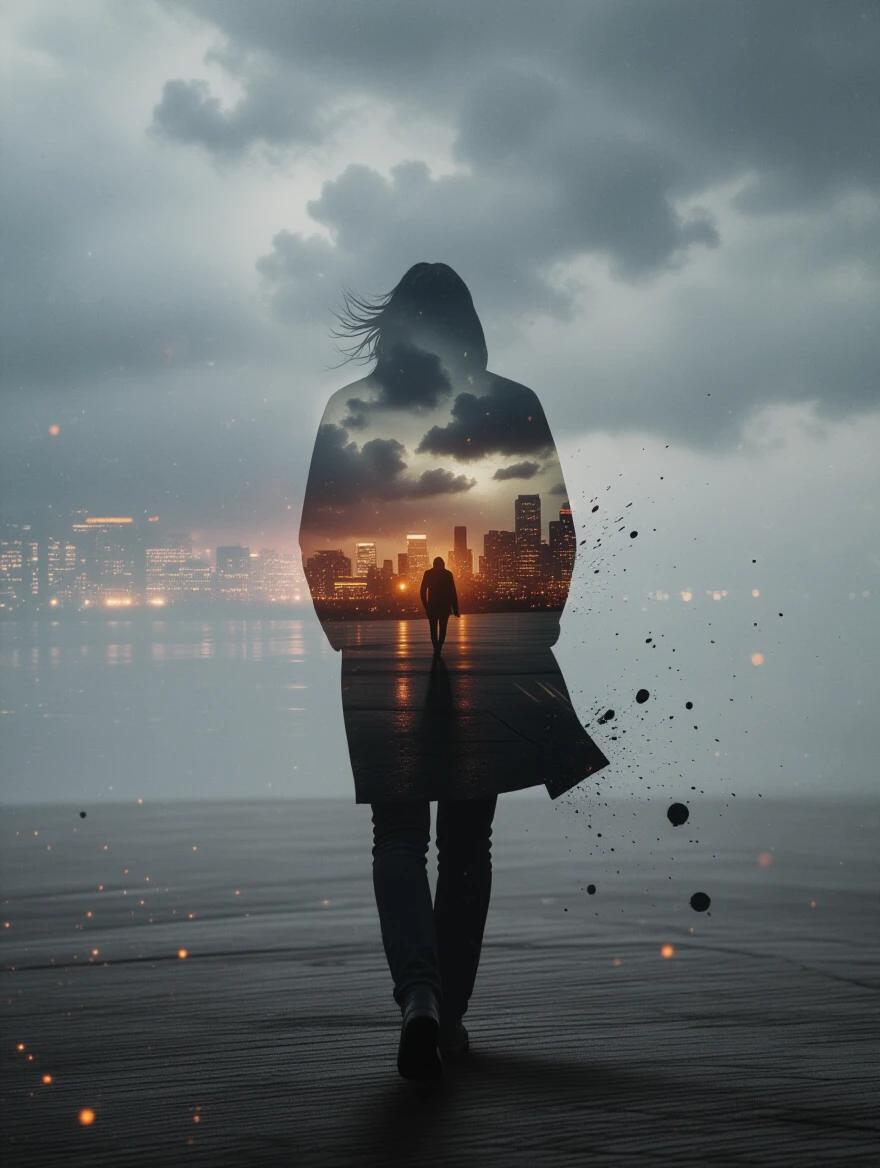 A cinematic scene featuring a solitary figure walking against the wind. The figure is in a coat that flares dramatically. Inside the silhouette, a glowing city skyline shines through a double exposure effect. Inky splatters and dust create movement carried by gusts of wind. A moody sky filled with storm clouds enhances the atmosphere. The composition follows the rule of thirds for dynamic framing.