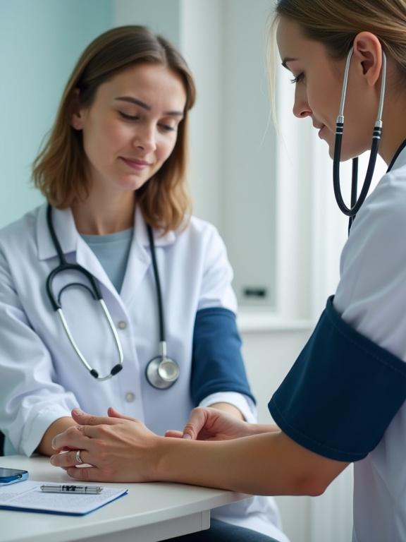 A person undergoing a medical checkup. A medical professional listens to a patient's pulse. Equipment like stethoscope and blood pressure cuff present. Calm hospital or clinic environment.